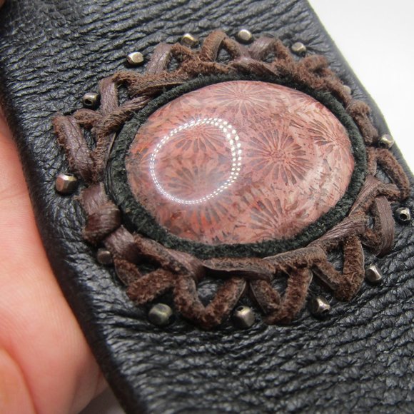 Rustic Leather Cuff Bracelet with Coral Fossil Artisan Boho - Picture 2 of 6